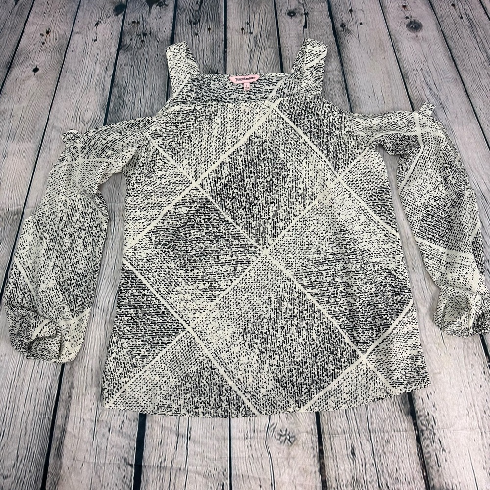 Juicy Couture Y2K Cold Shoulder Blouse Black Cream Abstract Speckled Print Small